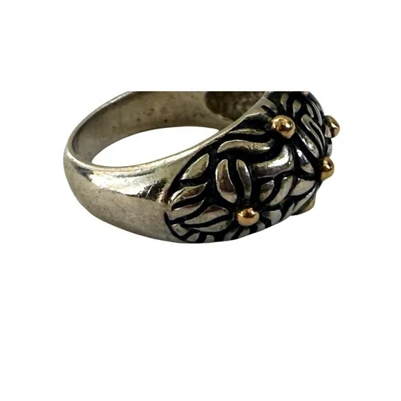 Vintage 90's 925 silver Floral Dome Ring Gold Vermeil Dots 6.4g Size 6 3/4 - Picture 12 of 12